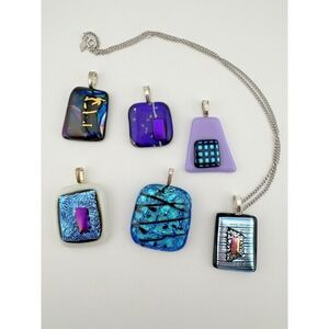Dichroic Glass Pendant  Set Multi Color Geometric Shapes Artisan Handmade